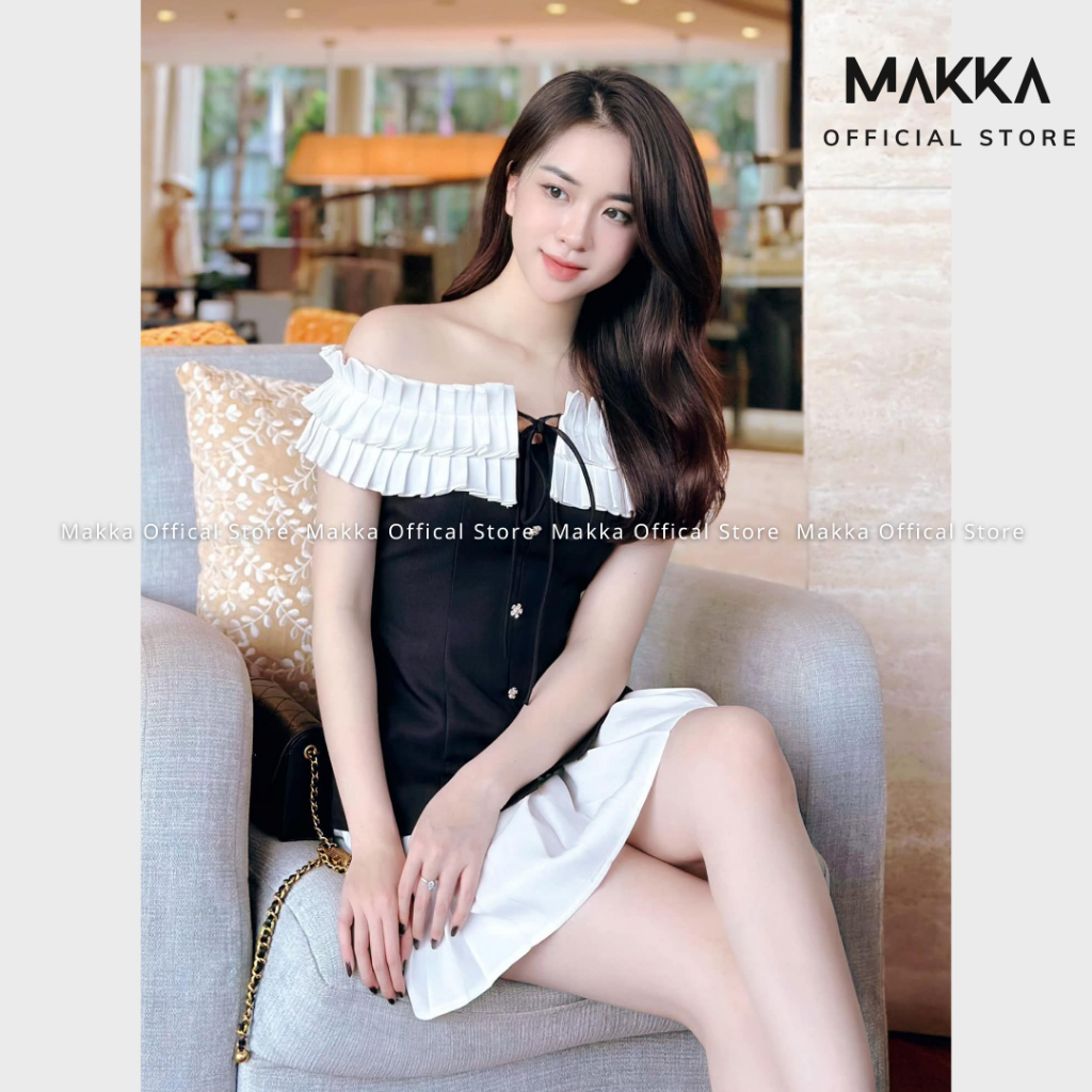 Váy nữ thiết kế MAKKA váy trễ vai xếp ly ngực mix dây thắt nơ đính khuy dáng xòe 5006 | BigBuy360 - bigbuy360.vn