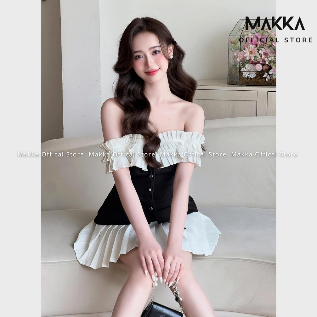 Váy nữ thiết kế MAKKA váy trễ vai xếp ly ngực mix dây thắt nơ đính khuy dáng xòe 5006 | BigBuy360 - bigbuy360.vn