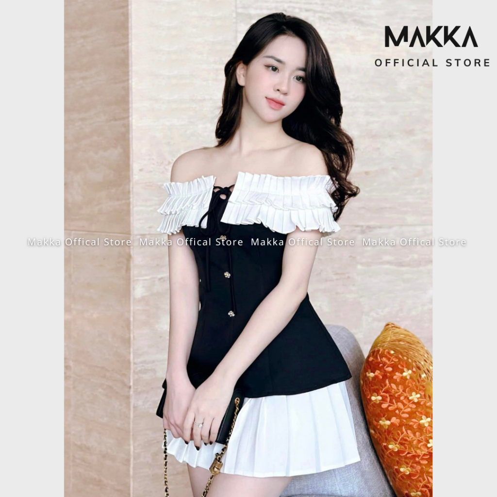 Váy nữ thiết kế MAKKA váy trễ vai xếp ly ngực mix dây thắt nơ đính khuy dáng xòe 5006 | BigBuy360 - bigbuy360.vn