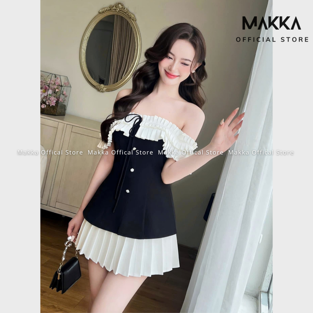Váy nữ thiết kế MAKKA váy trễ vai xếp ly ngực mix dây thắt nơ đính khuy dáng xòe 5006 | BigBuy360 - bigbuy360.vn