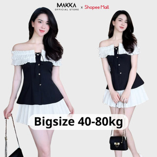 Váy nữ thiết kế MAKKA váy trễ vai xếp ly ngực mix dây thắt nơ đính khuy dáng xòe 5006