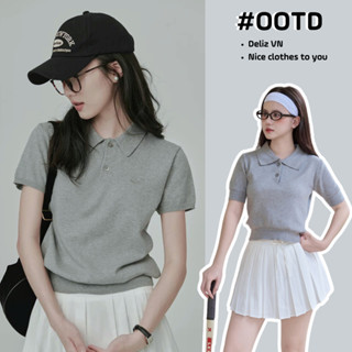 Áo len cộc tay cổ polo phối cúc basic trơn dáng lửng form ôm croptop chất lông thỏ mềm DELIZ hàng loại 1 PL03