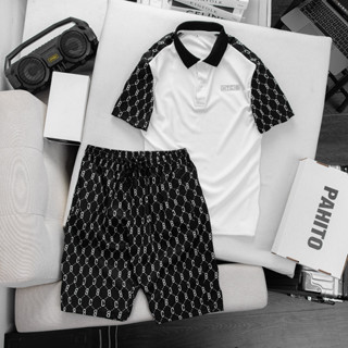 Bộ quần áo nam cổ bẻ ngắn tay vải tăm lạnh ép nhiệt chữ HTCC BH17