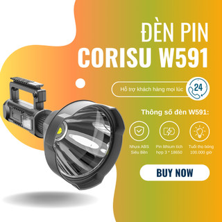 Đèn Pin W591, Đèn Pin Siêu Sáng Cầm Tay Corisu, Chiếu Xa Lên Đến 300m Tặng Kèm Chân Đế - Bảo Hành 12 Tháng