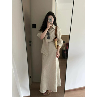 SET LINEN ÁO SƠ MI TAY DÀI MIX CHÂN VÁY MINDI DÁNG DÀI 95CM CÓ LÓT LỤA SIÊU SANG PHONG CÁCH BASIC HÀN QUỐC ĐỦ SIZE