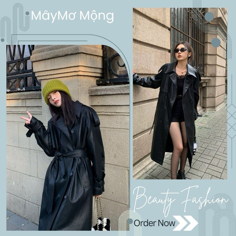 (Maymomong -order) Áo khoác da dáng dài màu đen hả gig CHENMIFAN CHÍNH HÃNG