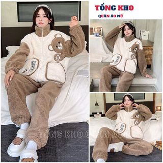 Đồ ngủ mặc nhà mùa đông họa tiết gấu phối cao cổ kéo khóa lông mềm mịn ấm áp - TONGKHO