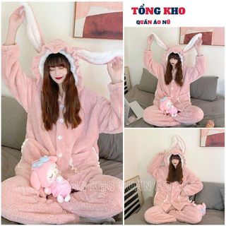 Bộ đồ ngủ lông cừu phối bèo dễ thương, Đồ bộ bông dày dặn mềm mịn ấm ap đáng yêu - TONGKHO