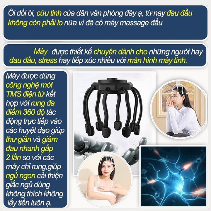 Máy massage đầu bạch tuộc 8 chân mát xa rung 3D đa năng tăng cường lưu thông tuần hoàn máu, giảm đau đầu thư giãn cơ thể