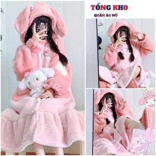 Váy ngủ lông hồng tai thỏ thêu tay dáng xòe đáng yêu, Áo khoác lông dáng dài túi trái tim - TONGKHO
