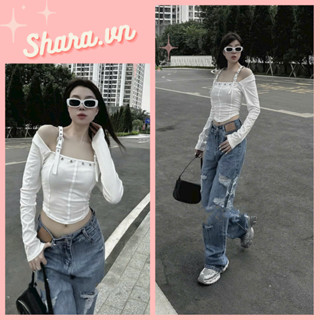 Áo Dài Tay Trễ Vai Phối Khuy Ngực Quai Cách Điệu Shara SR1252 KT Áo Thun Nữ Croptop Body Phối Gân Phong Cách Girl Phố