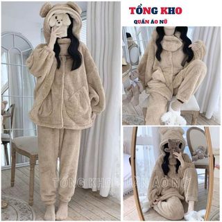 Bộ đồ ngủ lông cừu san hô dày dặn phong cách hàn quốc, Bộ lông gấu đáp cổ màu be - TONGKHO