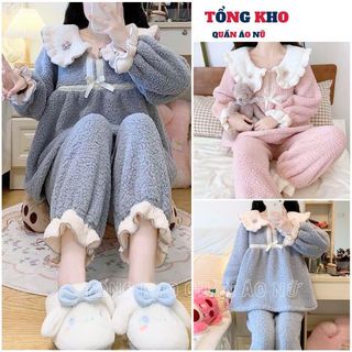 Bộ ngủ nữ, Bộ lông cổ ren nơ phối bèo 2 màu siêu dễ thương form rộng hàn quốc - TONGKHO