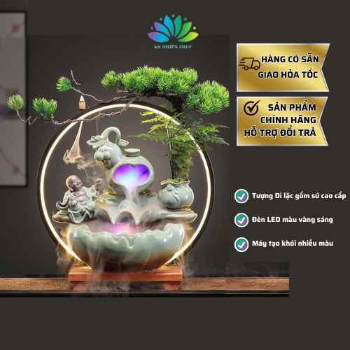 Thác Nước Phong Thủy Di Lặc Kèm Kệ Đèn Led, Thác Khói Trầm Hương Decor Trang Trí Nhà Cửa An Nhiên