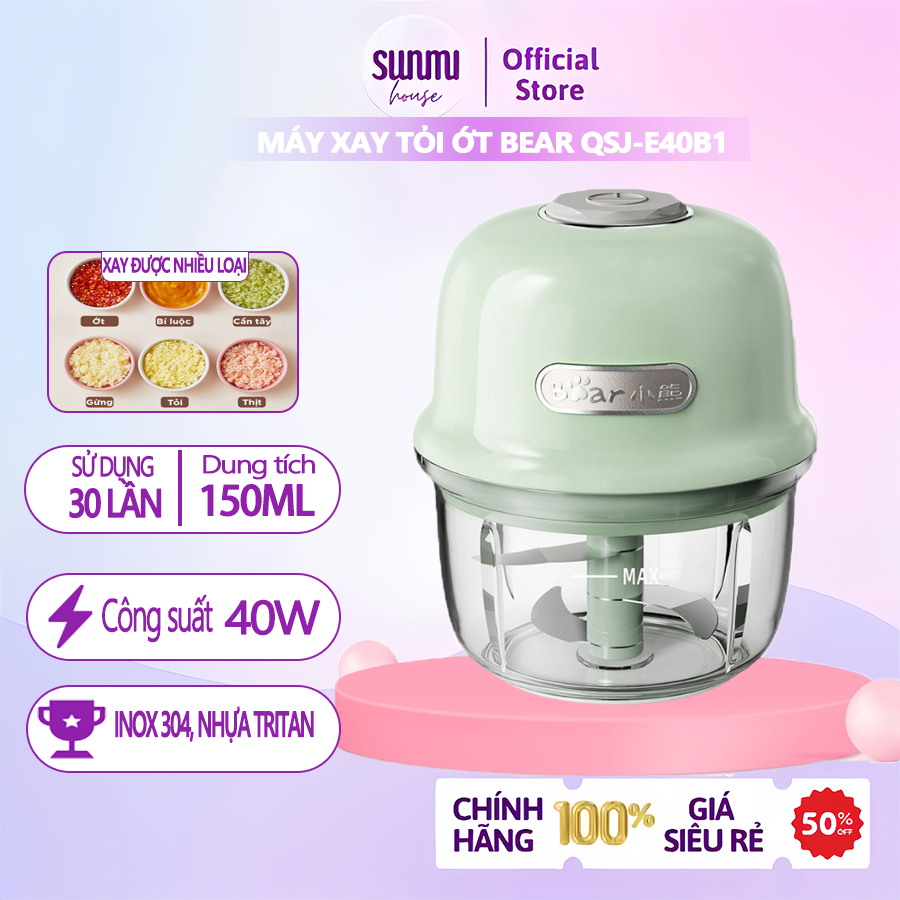 Máy Xay Tỏi Ớt Cầm Tay Mini Đa Năng 0.15L Bear QSJ-E40B1, Dung lượng pin lớn, 3 Lưỡi dao,BH 18 Tháng