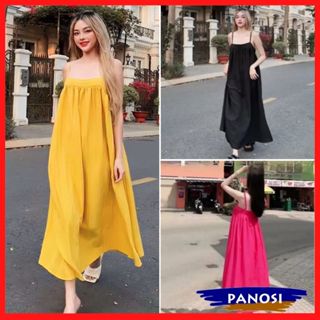 Váy hai dây babydoll đi biển dáng dài váy suông maxi chất vải đũi mềm mát mùa hè Panosi - Mã V84