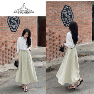 Set áo sơ mi trắng basic mix chân váy xếp li xoè dáng dài  phong cách công sở hàn quốc từ XUONGMAYTHUHIEN1