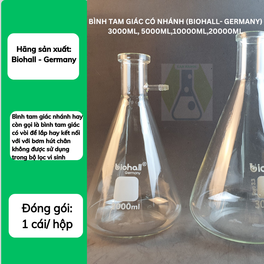 Bình tam giác có nhánh (Biohall- Germany) 3000ml, 5000ml,10000ml,20000ml -LABHN
