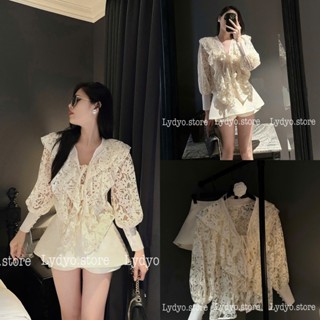 Váy đầm ren, áo sơ mi voan ren phối chân váy chữ A chất tafta thiết kế cao cấp sang chảnh dự tiệc cưới, váy trắng kem