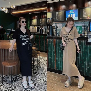  Đầm suông dài  váy suông bầu chất cotton Gemmy Shop in chữ Love cổ tim 