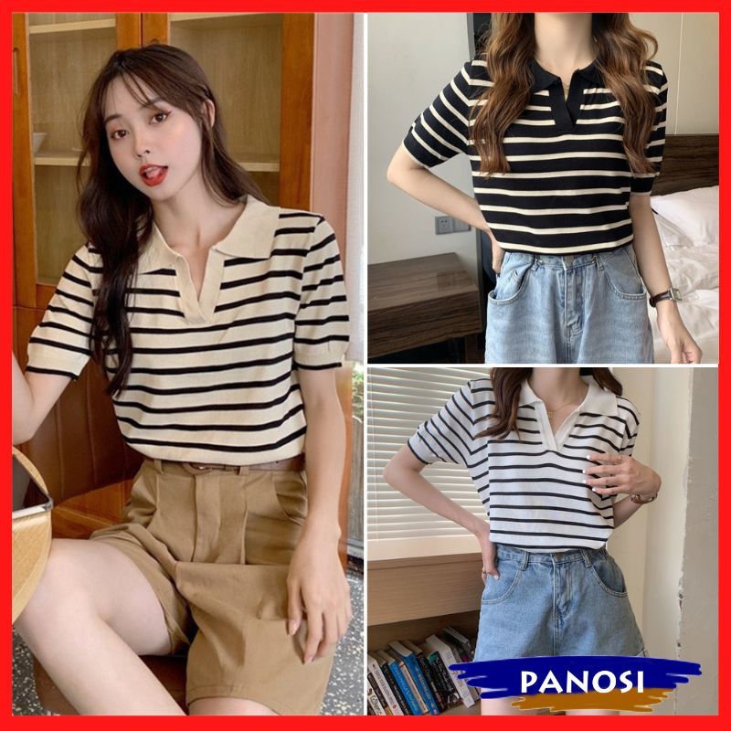 Áo kiểu nữ áo polo kiểu nữ mongtoghi cổ bẻ kẻ sọc ngang chất đẹp PANOSI - A698