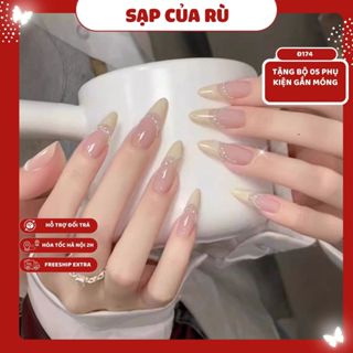   Đ174  Móng tay giả DÀI bộ 24 móng phong cách hàn quốc y2k sơn gel thạch móng up form hạt gạo dài nail trung thu 