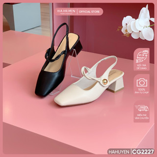 Giày cao gót nữ HÀ HUYỀN da lì mũi vuông quai xoắn nút vàng gót vuông 5cm - CG2227