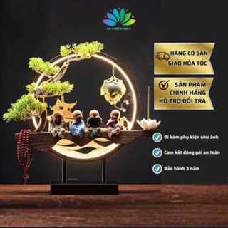 Thác Khói Trầm Hương Kèm Kệ Gỗ Cây Xanh, Tượng 4 Chú Tiểu Mini Phong Thủy Mang Lại Tài Lộc May Mắn