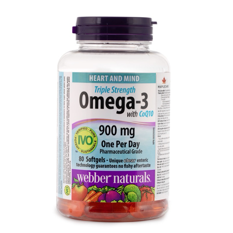 Dầu cá Triple Strength Omega 3 With CoQ10 900mg Webber Natural Canada hộp 80 viên date 2029