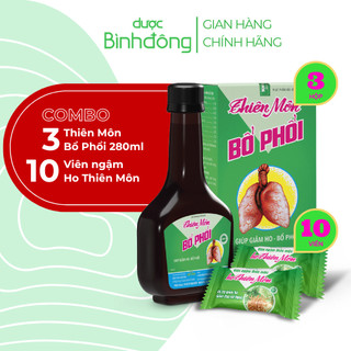 Combo 3 chai Thiên Môn Bổ Phổi Bình Đông 280ml và 10 viên ngậm thảo mộc ho Thiên Môn dạng viên xé