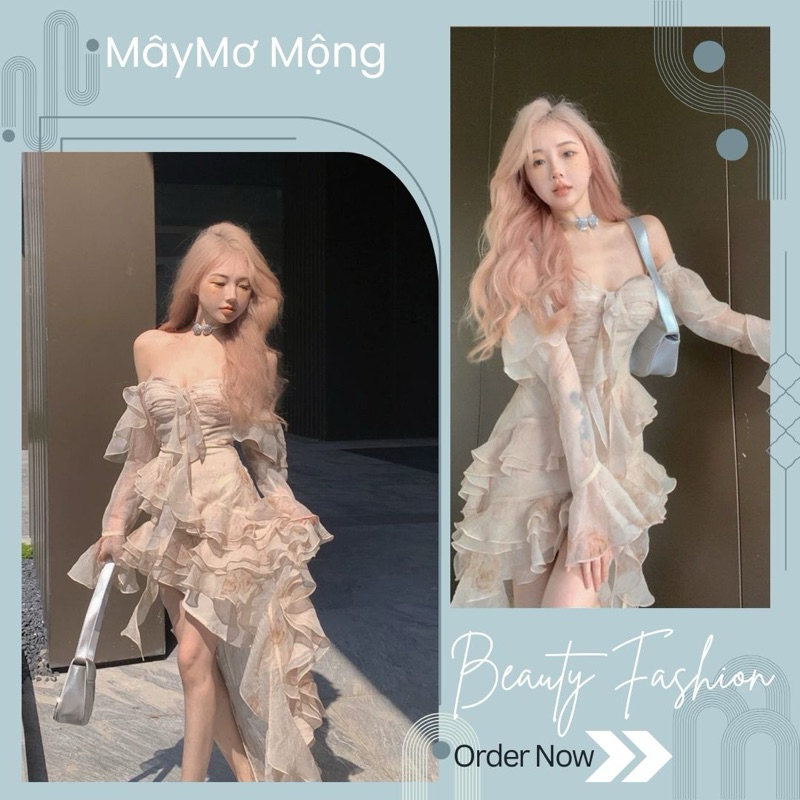 (Mây Mơ Mông) Váy voan tay xòe dáng body đuôi cá xinh xắn