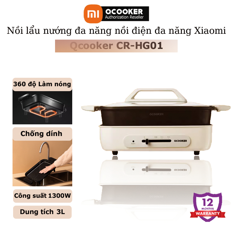 Nồi lẩu nướng đa năng nồi điện đa năng Xiaomi Qcooker kèm 2 khay nướng, lẩu tách rời công suất 1300W dung tích 3L