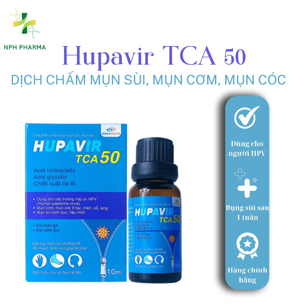[ Che tên] Dung dịch Hupavir TCA 50 Chấm Sùi Mào Gà, Chuỗi Hạt Ngọc Nam Giới Chai 10 ml