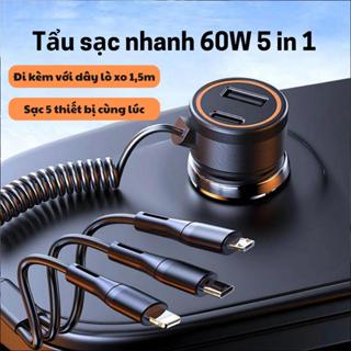 Tẩu sạc nhanh Ô tô TANGER 60W 5in1 kèm dây 3 đầu, Type-c + USB sạc cho điện thoại, camera, mấy tính bảng