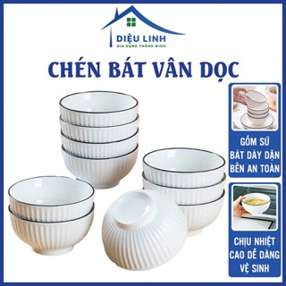 Chén Bát Gốm Sứ Màu Trắng Viền Đen Cao Cấp Sang Trọng Chịu Nhiệt Cao Set 10 Chén Dieulinhshop