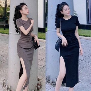 Đầm Body Phom Dài Nhún Sườn Xẻ Đùi Thun, Đi Tiệc Đi Làm Đi Chơi Phù Hợp Với Mọi Phong Cách