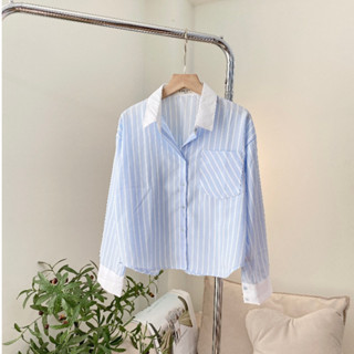 Áo Croptop Tay Dài Nữ Kẻ Sọc Pastel Phối Trắng Dáng Lửng Thanh Lịch, Sơ Mi Croptop Dài Tay Form Hàn