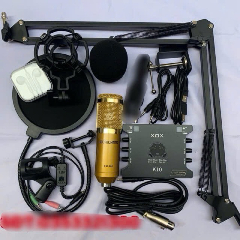 Bộ Mic thu âm livestream K10 bản kỷ niệm + Mic woaichang bm900 đầy đủ phụ kiện dây kết nối tặng tai 