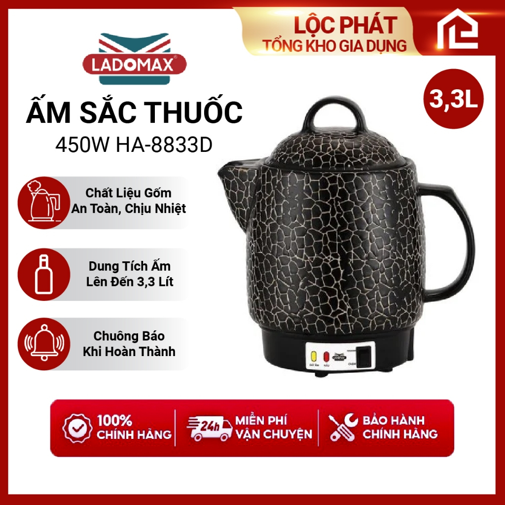 Ấm Sắc Thuốc LADOMAX HA- 8833D 3,3L Có Chuông Báo Mâm Nhiệt Inox Giữ Ấm 2 Chế Độ Nấu bh 12 Tháng