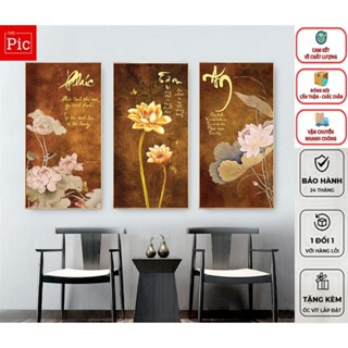 Tranh Hoa Sen Canvas Chữ Thư Pháp '' Tâm- Phúc-An " Treo Phòng Khách, Phòng Thờ, Phòng Thiền