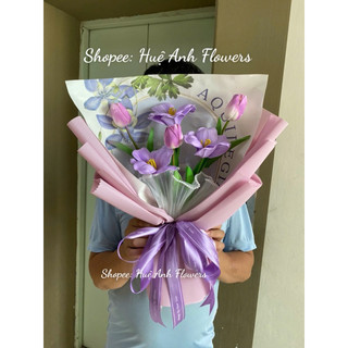 BÓ HOA TULIP TRẮNG,TÍM THANH LỊCH 6 BÔNG MIX 50-55cm CÓ TÚI VÁT TH ĐÈN