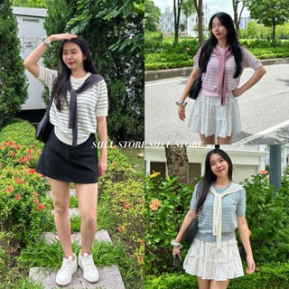  Áo len mongtoghi cộc tay cổ tròn kẻ ngang kèm khăn buộc style ulzzang siêu xinh 