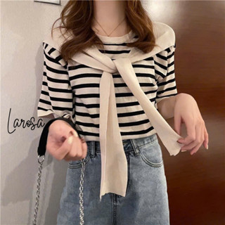  Áo len nữ  áo len cộc tay cổ tròn phối sọc ngang kèm khăn buộc màu đen ,be chất len mềm mịn hàng QCCC loại 1_LaRoSa 