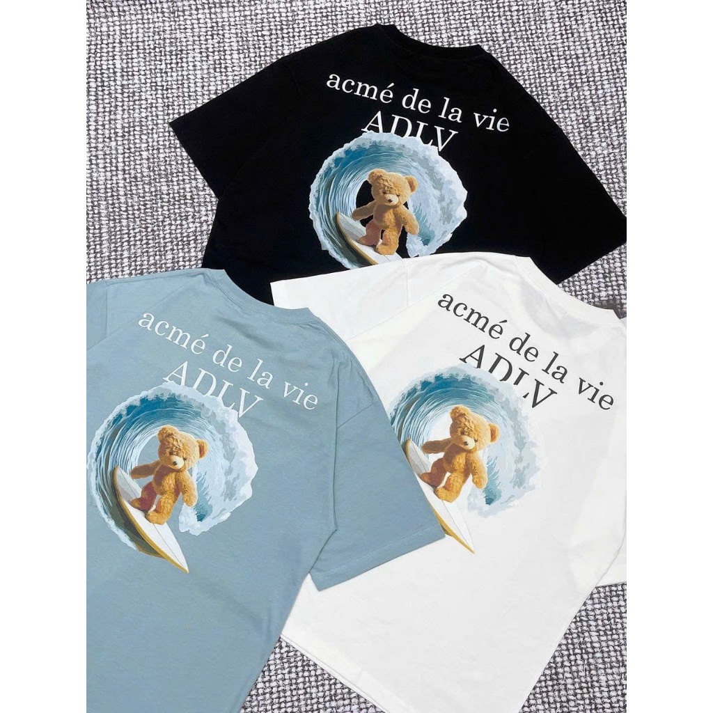 Áo Phông Chính Hãng ADLV Gấu Trượt Ván Lướt Sóng Màu Trắng Đen Xanh