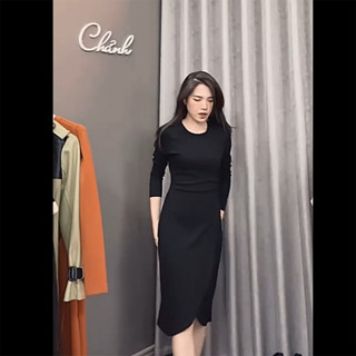 Váy bo gân cổ tròn giấu bụng tay dài dáng suông thanh lịch dễ mặc cho nữ