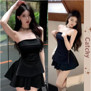 Set áo cúp ngực xẻ tà kéo khóa bên hông kèm chân váy xòe dáng ngắn sang chảnh phù hợp đi tiệc CATCHY