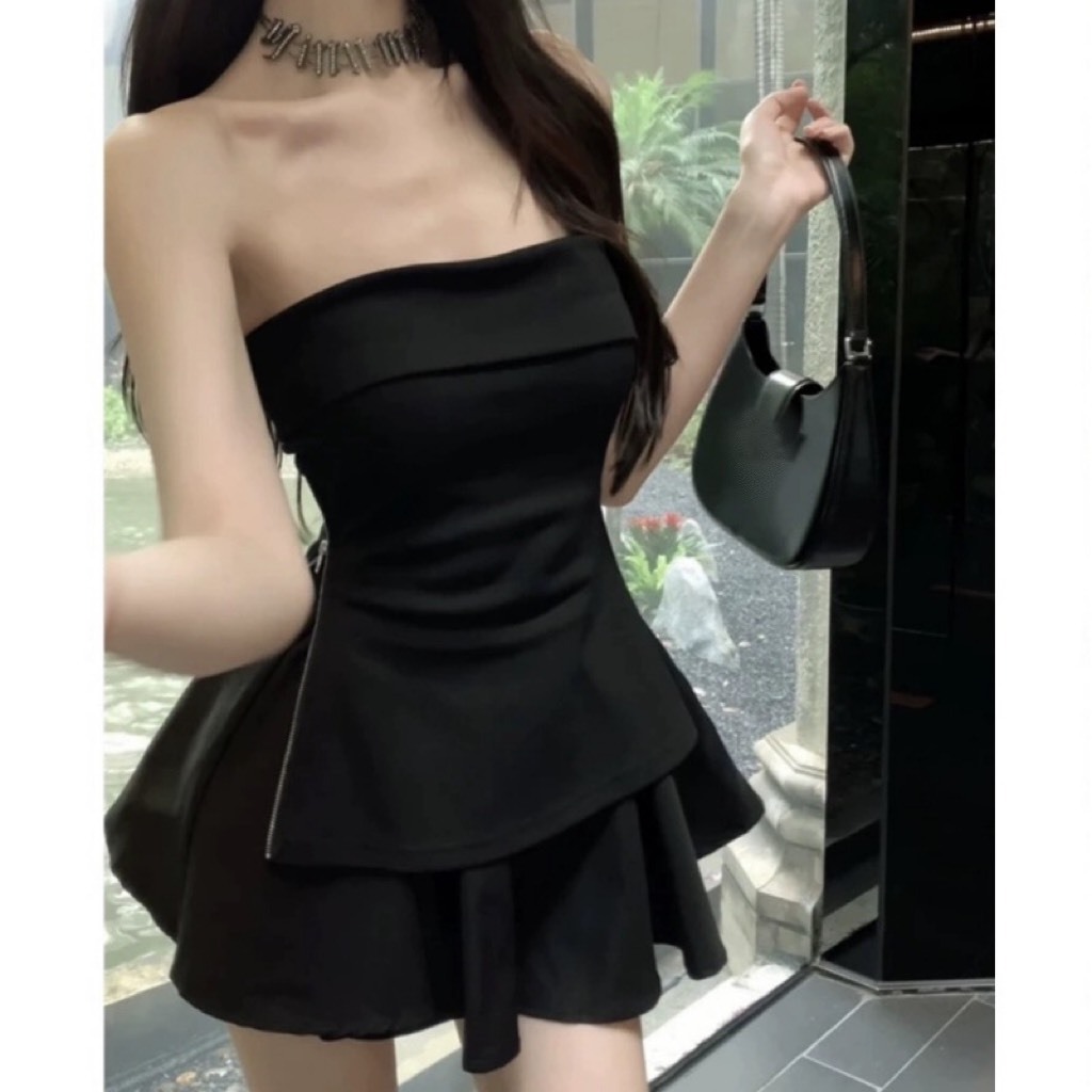 Set áo cúp ngực xẻ tà kéo khóa bên hông kèm chân váy xòe dáng ngắn sang chảnh phù hợp đi tiệc CATCHY | BigBuy360 - bigbuy360.vn