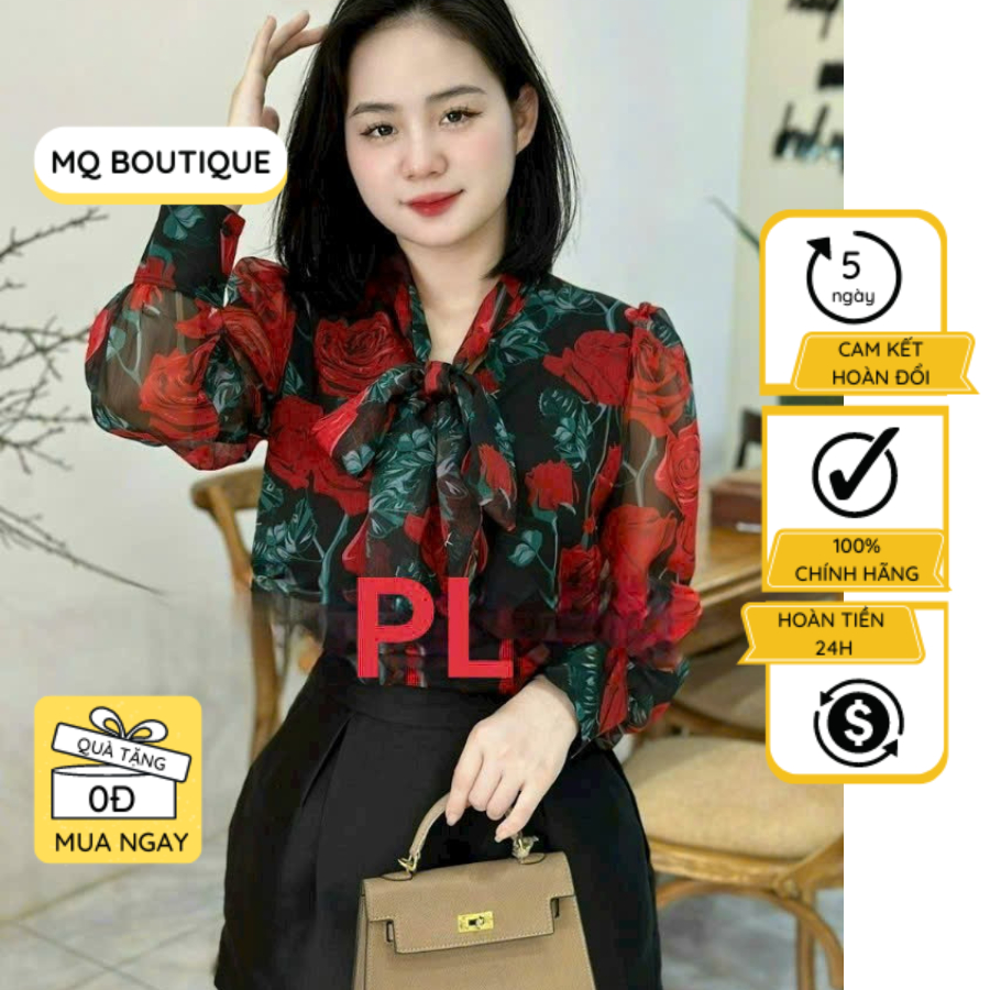 Áo sơ mi tơ họa tiết hoa phối cổ nơ nữ cao cấp công sở thanh lịch đẹp dài tay, áo sơ mi thiết kế MQ Boutique