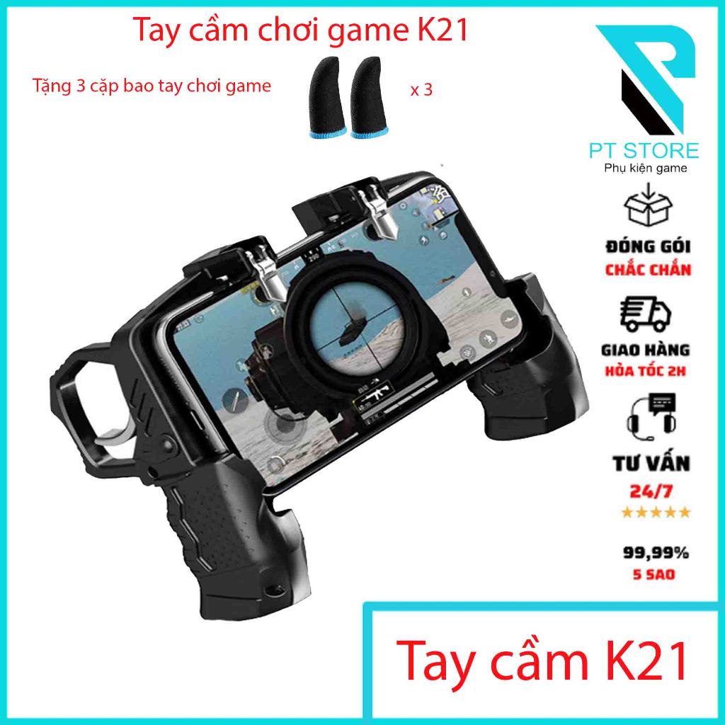 Tay cầm chơi game k21 - kèm nút bấm cho game PUBG, ROS, Free Fire..gắn điện thoại tiện lợi  (Tặng kèm bao tay cao cấp )