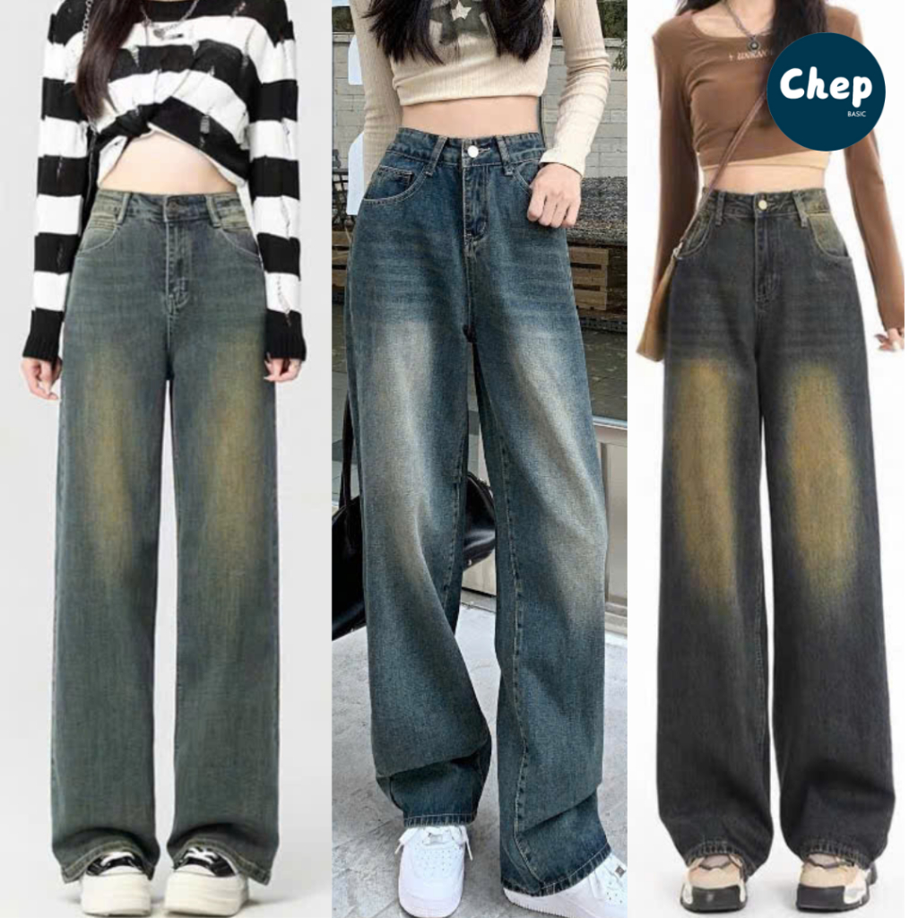 Quần Jeans nữ suông ống rộng cạp cao màu retro nữ tính, quần bò ống rộng lưng cao basix